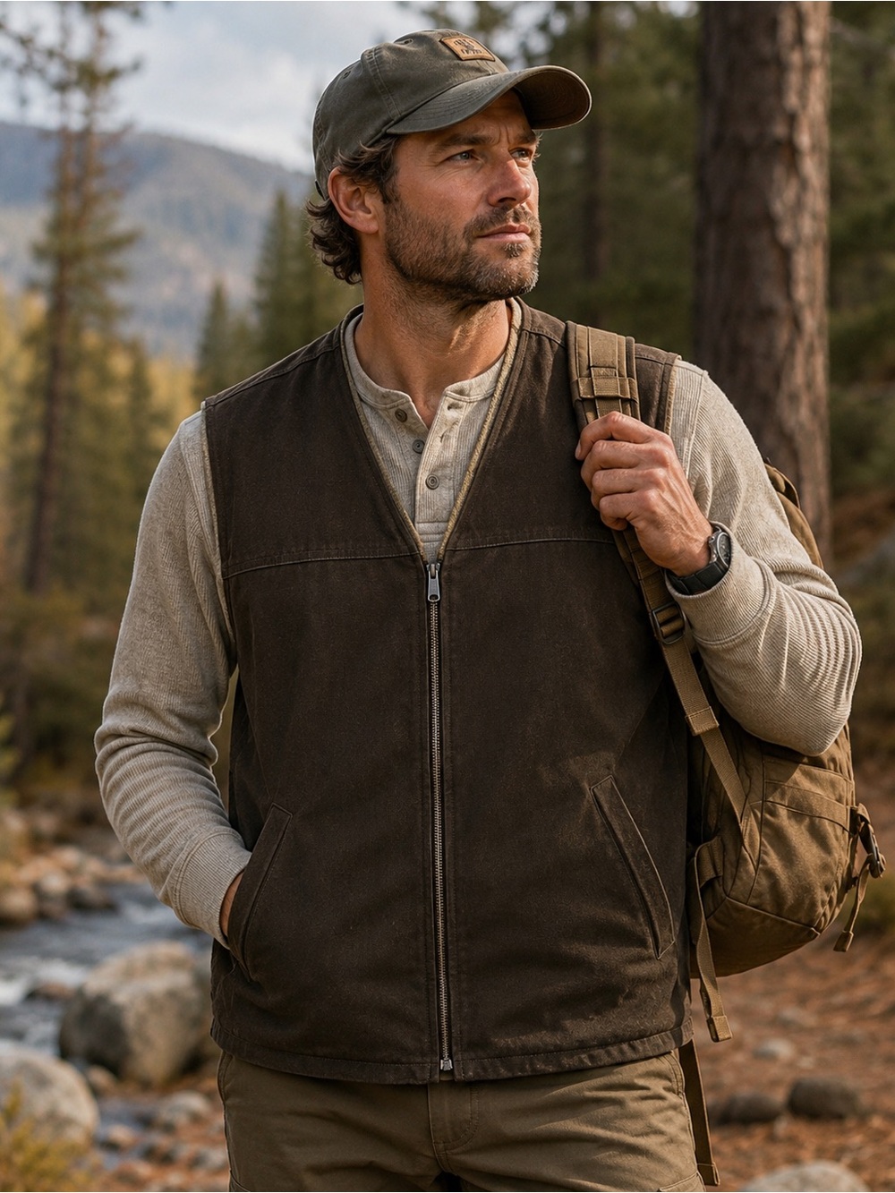Duluth Trading Co Men's Brown Heavy Canvas Sherpa Lining Vest Lots of Pockets LT